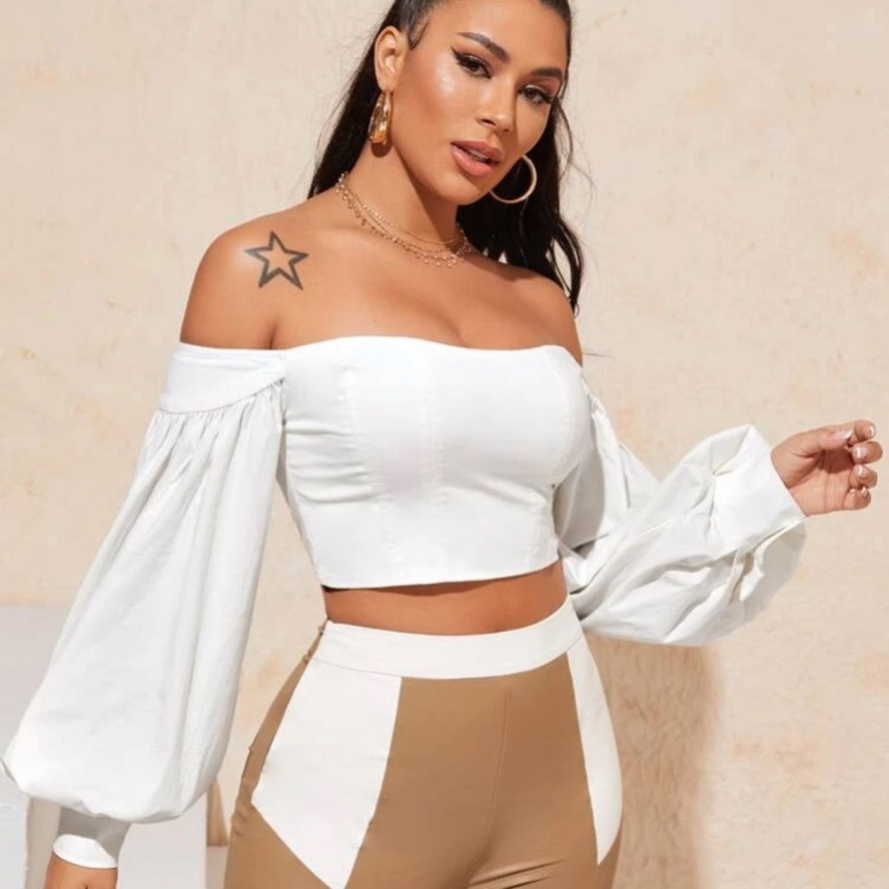 SHEIN Off Shoulder Lantern Sleeve Crop Top - White